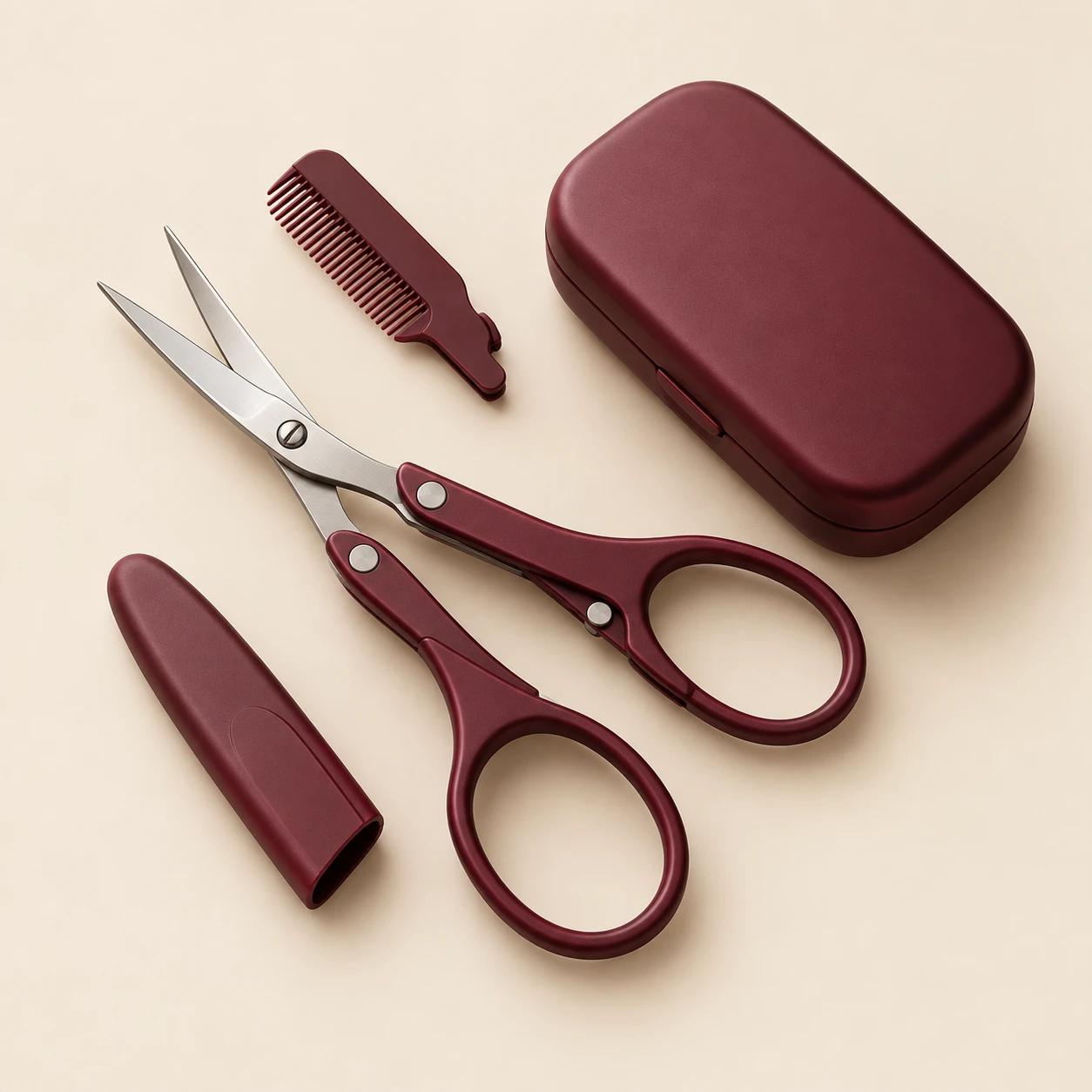 Plié / Bordeaux eyebrow scissors and included accessories
