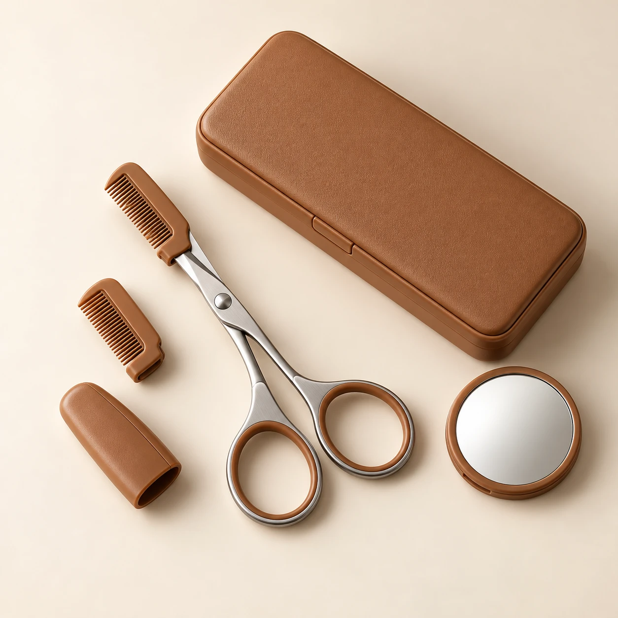 Écrin / Caramel eyebrow scissors and included accessories